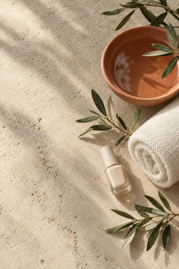 An editorial still life of a ceramic bowl, soft towel, and olive branches
